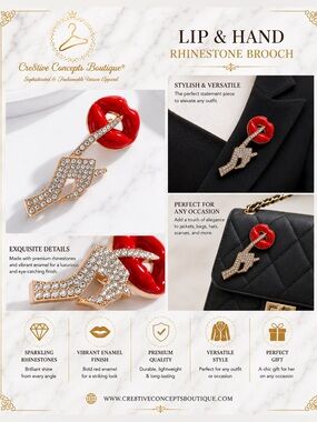 Lip & Hand Brooch Pin | Rhinestone Red Lips Statement Jewelry Crystal Accent